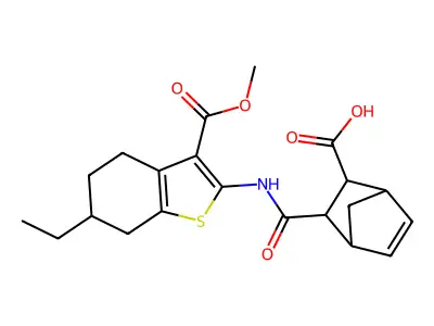 2-[(6-ethyl-3-methoxycarbonyl-4,5,6,7-tetrahydro-1-benzothiophen-2-yl)carbamoyl]bicyclo[2.2.1]hept-5-ene-3-carboxylic acid structure