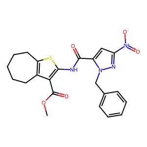 methyl 2-[({1-benzyl-3-nitro-1H-pyrazol-5-yl}carbonyl)amino]-5,6,7,8-tetrahydro-4H-cyclohepta[b]thiophene-3-carboxylate structure