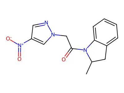1-({4-nitro-1H-pyrazol-1-yl}acetyl)-2-methylindoline structure