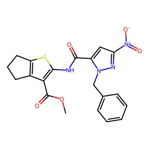 methyl 2-[({1-benzyl-3-nitro-1H-pyrazol-5-yl}carbonyl)amino]-5,6-dihydro-4H-cyclopenta[b]thiophene-3-carboxylate structure
