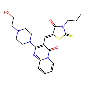 (Z)-5-((2-(4-(2-hydroxyethyl)piperazin-1-yl)-4-oxo-4H-pyrido[1,2-a]pyrimidin-3-yl)methylene)-3-propyl-2-thioxothiazolidin-4-one structure