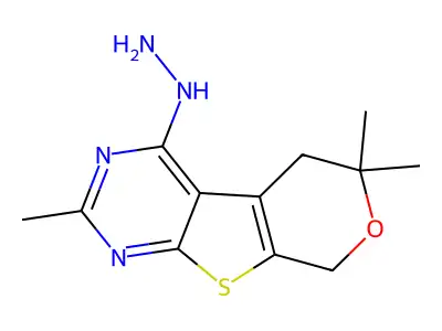 4-hydrazinyl-2,6,6-trimethyl-5,8-dihydro-6H-pyrano[4',3':4,5]thieno[2,3-d]pyrimidine structure