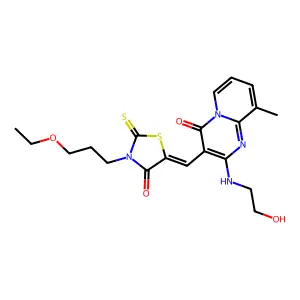 3-{(Z)-[3-(3-ethoxypropyl)-4-oxo-2-thioxo-1,3-thiazolidin-5-ylidene]methyl}-2-[(2-hydroxyethyl)amino]-9-methyl-4H-pyrido[1,2-a]pyrimidin-4-one structure
