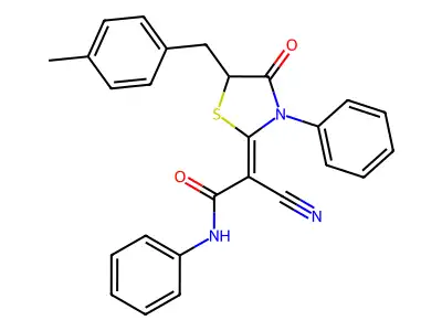 (2Z)-2-cyano-2-[5-[(4-methylphenyl)methyl]-4-oxo-3-phenyl-1,3-thiazolidin-2-ylidene]-N-phenylacetamide structure