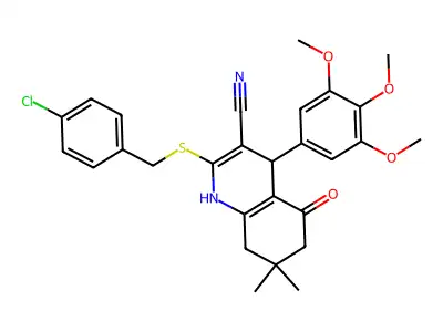 2-[(4-chlorobenzyl)sulfanyl]-7,7-dimethyl-5-oxo-4-(3,4,5-trimethoxyphenyl)-1,4,5,6,7,8-hexahydroquinoline-3-carbonitrile structure