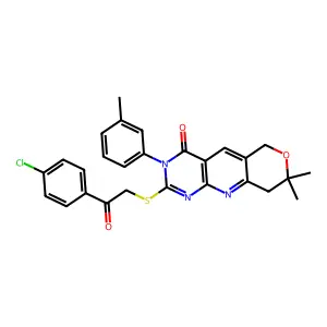 2-((2-(4-chlorophenyl)-2-oxoethyl)thio)-8,8-dimethyl-3-(m-tolyl)-8,9-dihydro-3H-pyrano[3',4':5,6]pyrido[2,3-d]pyrimidin-4(6H)-one structure