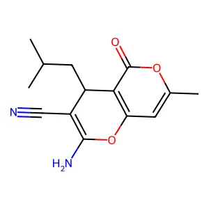 2-amino-4-isobutyl-7-methyl-5-oxo-4H,5H-pyrano[4,3-b]pyran-3-carbonitrile structure
