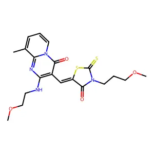 2-[(2-methoxyethyl)amino]-3-{(Z)-[3-(3-methoxypropyl)-4-oxo-2-thioxo-1,3-thiazolidin-5-ylidene]methyl}-9-methyl-4H-pyrido[1,2-a]pyrimidin-4-one structure