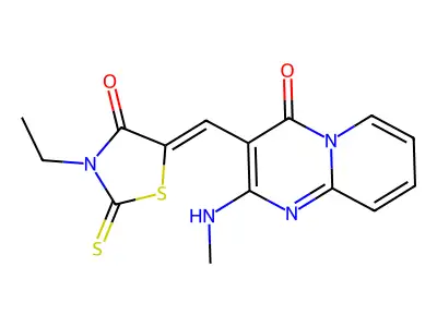 3-[(Z)-(3-ethyl-4-oxo-2-thioxo-1,3-thiazolidin-5-ylidene)methyl]-2-(methylamino)-4H-pyrido[1,2-a]pyrimidin-4-one structure