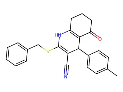 2-benzylsulfanyl-4-(4-methylphenyl)-5-oxo-4,6,7,8-tetrahydro-1H-quinoline-3-carbonitrile structure