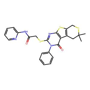 2-((6,6-dimethyl-4-oxo-3-phenyl-4,5,6,8-tetrahydro-3H-thiopyrano[4',3':4,5]thieno[2,3-d]pyrimidin-2-yl)thio)-N-(pyridin-2-yl)acetamide structure