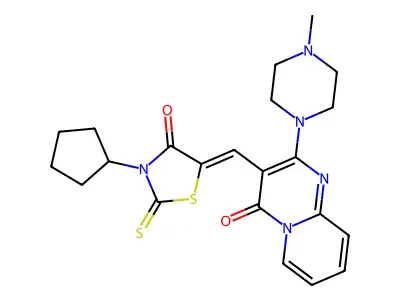3-[(Z)-(3-cyclopentyl-4-oxo-2-thioxo-1,3-thiazolidin-5-ylidene)methyl]-2-(4-methylpiperazin-1-yl)-4H-pyrido[1,2-a]pyrimidin-4-one structure