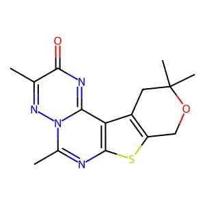 3,6,11,11-tetramethyl-11,12-dihydro-2H,9H-pyrano[4'',3'':4',5']thieno[2',3':4,5]pyrimido[1,6-b][1,2,4]triazin-2-one structure
