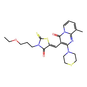 3-{(Z)-[3-(3-ethoxypropyl)-4-oxo-2-thioxo-1,3-thiazolidin-5-ylidene]methyl}-9-methyl-2-(thiomorpholin-4-yl)-4H-pyrido[1,2-a]pyrimidin-4-one structure