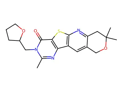 2,8,8-trimethyl-3-((tetrahydrofuran-2-yl)methyl)-7,8-dihydro-3H-pyrano[3'',4'':5',6']pyrido[3',2':4,5]thieno[3,2-d]pyrimidin-4(10H)-one structure