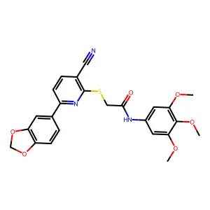 2-[6-(1,3-benzodioxol-5-yl)-3-cyanopyridin-2-yl]sulfanyl-N-(3,4,5-trimethoxyphenyl)acetamide structure