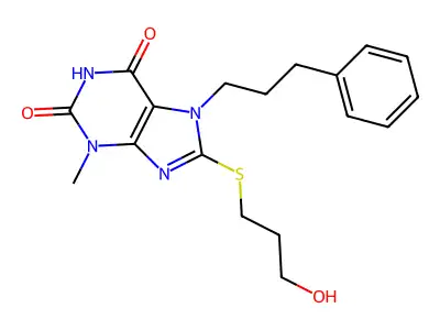 8-((3-hydroxypropyl)thio)-3-methyl-7-(3-phenylpropyl)-1H-purine-2,6(3H,7H)-dione structure