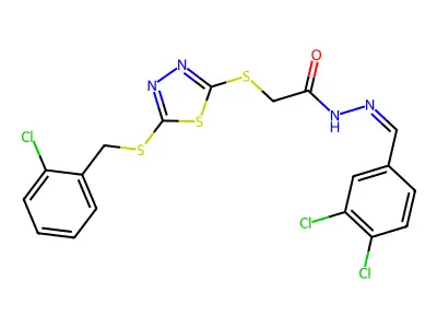 2-[[5-[(2-chlorophenyl)methylsulfanyl]-1,3,4-thiadiazol-2-yl]sulfanyl]-N-[(E)-(3,4-dichlorophenyl)methylideneamino]acetamide structure