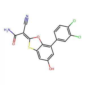 (Z)-2-cyano-2-(7-(3,4-dichlorophenyl)-5-hydroxybenzo[d][1,3]oxathiol-2-ylidene)acetamide structure