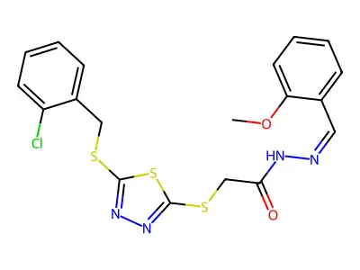 2-[[5-[(2-chlorophenyl)methylsulfanyl]-1,3,4-thiadiazol-2-yl]sulfanyl]-N-[(E)-(2-methoxyphenyl)methylideneamino]acetamide structure