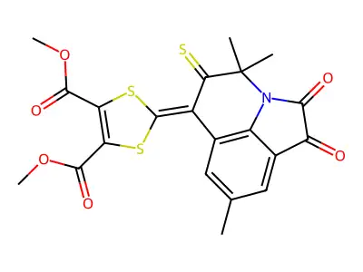 dimethyl 2-(4,4,8-trimethyl-1,2-dioxo-5-thioxo-1,2,4,5-tetrahydro-6H-pyrrolo[3,2,1-ij]quinolin-6-ylidene)-1,3-dithiole-4,5-dicarboxylate structure