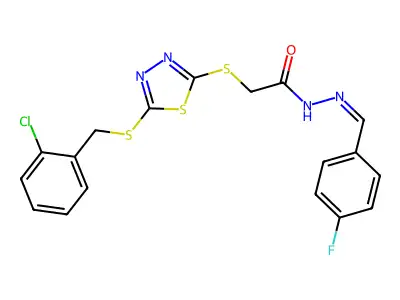 2-[[5-[(2-chlorophenyl)methylsulfanyl]-1,3,4-thiadiazol-2-yl]sulfanyl]-N-[(E)-(4-fluorophenyl)methylideneamino]acetamide structure