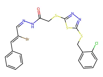 N-[(E)-[(Z)-2-bromo-3-phenylprop-2-enylidene]amino]-2-[[5-[(2-chlorophenyl)methylsulfanyl]-1,3,4-thiadiazol-2-yl]sulfanyl]acetamide structure