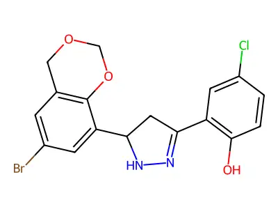 2-[5-(6-bromo-4H-1,3-benzodioxin-8-yl)-4,5-dihydro-1H-pyrazol-3-yl]-4-chlorophenol structure