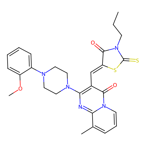 2-[4-(2-methoxyphenyl)piperazin-1-yl]-9-methyl-3-[(Z)-(4-oxo-3-propyl-2-thioxo-1,3-thiazolidin-5-ylidene)methyl]-4H-pyrido[1,2-a]pyrimidin-4-one structure