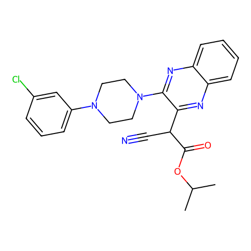 Propan-2-yl {3-[4-(3-chlorophenyl)piperazin-1-yl]quinoxalin-2-yl}(cyano)acetate structure
