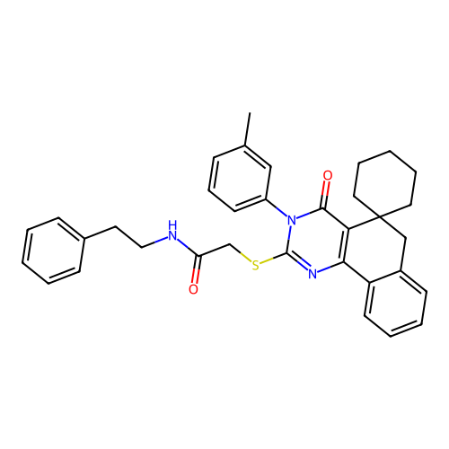 2-((4-oxo-3-(m-tolyl)-4,6-dihydro-3H-spiro[benzo[h]quinazoline-5,1'-cyclohexan]-2-yl)thio)-N-phenethylacetamide structure