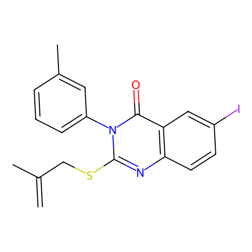 6-iodo-3-(3-methylphenyl)-2-(2-methylprop-2-enylsulfanyl)quinazolin-4-one structure