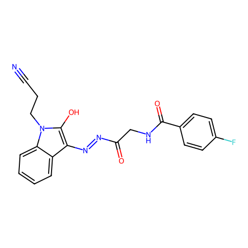 N-[2-[2-[1-(2-cyanoethyl)-2-oxoindol-3-ylidene]hydrazinyl]-2-oxoethyl]-4-fluorobenzamide structure