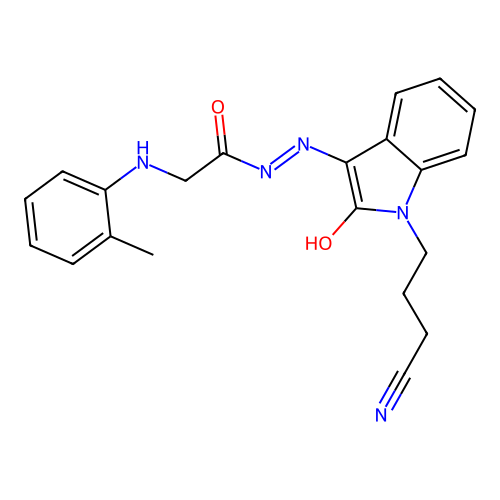 N'-[(3Z)-1-(3-cyanopropyl)-2-oxo-1,2-dihydro-3H-indol-3-ylidene]-2-[(2-methylphenyl)amino]acetohydrazide (non-preferred name) structure