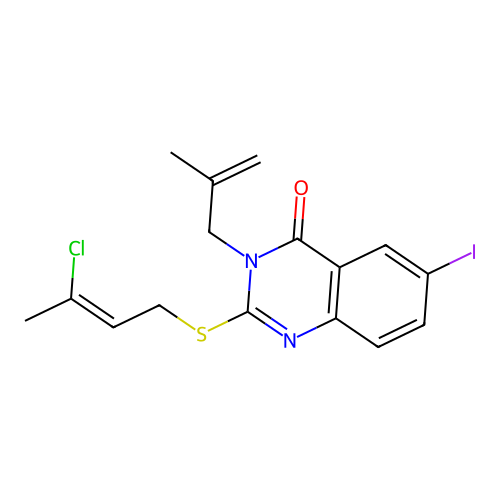 2-((3-chlorobut-2-en-1-yl)thio)-6-iodo-3-(2-methylallyl)quinazolin-4(3H)-one structure