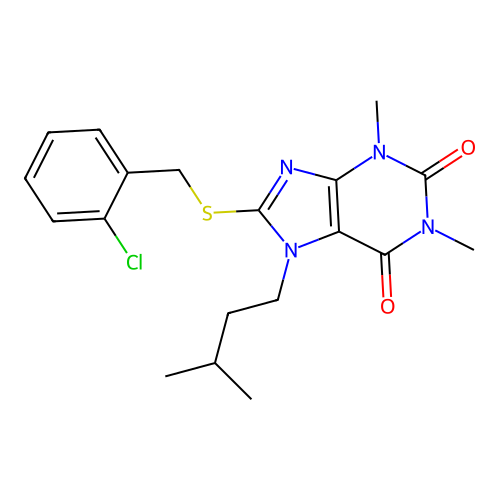 8-((2-chlorobenzyl)thio)-7-isopentyl-1,3-dimethyl-1H-purine-2,6(3H,7H)-dione structure