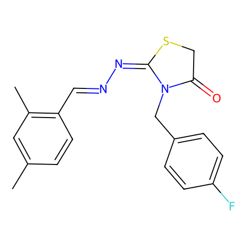(E)-2-((E)-(2,4-dimethylbenzylidene)hydrazono)-3-(4-fluorobenzyl)thiazolidin-4-one structure