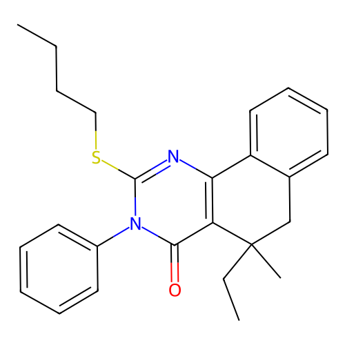 2-butylsulfanyl-5-ethyl-5-methyl-3-phenyl-6H-benzo[h]quinazolin-4-one structure