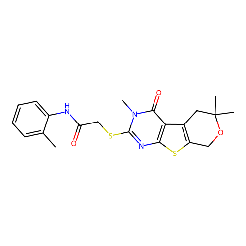 N-(2-methylphenyl)-2-[(3,6,6-trimethyl-4-oxo-3,5,6,8-tetrahydro-4H-pyrano[4',3':4,5]thieno[2,3-d]pyrimidin-2-yl)sulfanyl]acetamide structure