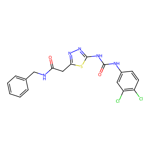 N-benzyl-2-(5-{[(3,4-dichlorophenyl)carbamoyl]amino}-1,3,4-thiadiazol-2-yl)acetamide structure
