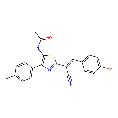 (E)-N-(2-(2-(4-bromophenyl)-1-cyanovinyl)-4-(p-tolyl)thiazol-5-yl)acetamide structure
