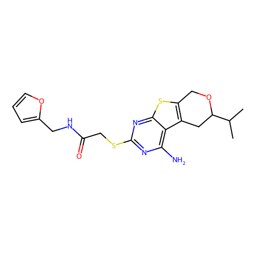 2-((4-amino-6-isopropyl-6,8-dihydro-5H-pyrano[4',3':4,5]thieno[2,3-d]pyrimidin-2-yl)thio)-N-(furan-2-ylmethyl)acetamide structure