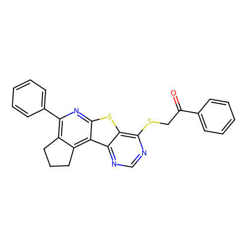 1-phenyl-2-((4-phenyl-2,3-dihydro-1H-cyclopenta[4',5']pyrido[3',2':4,5]thieno[3,2-d]pyrimidin-7-yl)thio)ethanone structure