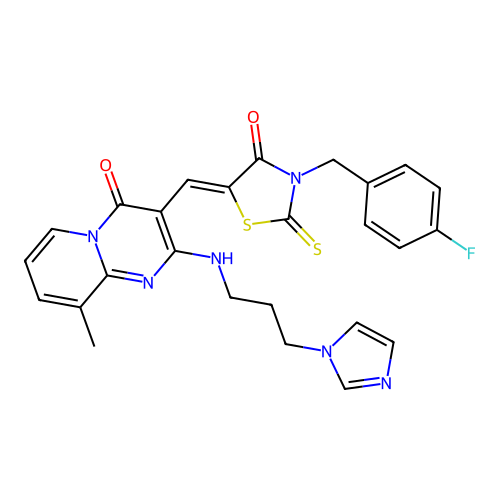 3-{(Z)-[3-(4-fluorobenzyl)-4-oxo-2-thioxo-1,3-thiazolidin-5-ylidene]methyl}-2-{[3-(1H-imidazol-1-yl)propyl]amino}-9-methyl-4H-pyrido[1,2-a]pyrimidin-4-one structure