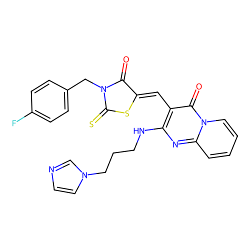 3-{(Z)-[3-(4-fluorobenzyl)-4-oxo-2-thioxo-1,3-thiazolidin-5-ylidene]methyl}-2-{[3-(1H-imidazol-1-yl)propyl]amino}-4H-pyrido[1,2-a]pyrimidin-4-one structure