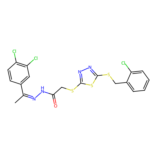 (Z)-2-((5-((2-chlorobenzyl)thio)-1,3,4-thiadiazol-2-yl)thio)-N'-(1-(3,4-dichlorophenyl)ethylidene)acetohydrazide structure