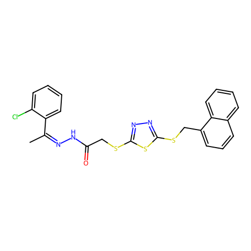 (Z)-N'-(1-(2-chlorophenyl)ethylidene)-2-((5-((naphthalen-1-ylmethyl)thio)-1,3,4-thiadiazol-2-yl)thio)acetohydrazide structure