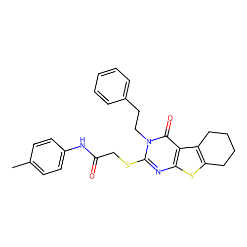 2-((4-oxo-3-phenethyl-3,4,5,6,7,8-hexahydrobenzo[4,5]thieno[2,3-d]pyrimidin-2-yl)thio)-N-(p-tolyl)acetamide structure