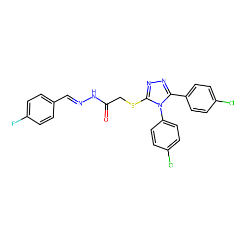 (E)-2-((4,5-bis(4-chlorophenyl)-4H-1,2,4-triazol-3-yl)thio)-N'-(4-fluorobenzylidene)acetohydrazide structure