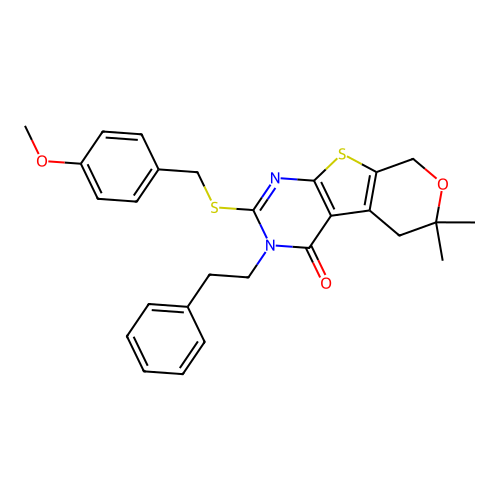 2-((4-methoxybenzyl)thio)-6,6-dimethyl-3-phenethyl-5,6-dihydro-3H-pyrano[4',3':4,5]thieno[2,3-d]pyrimidin-4(8H)-one structure